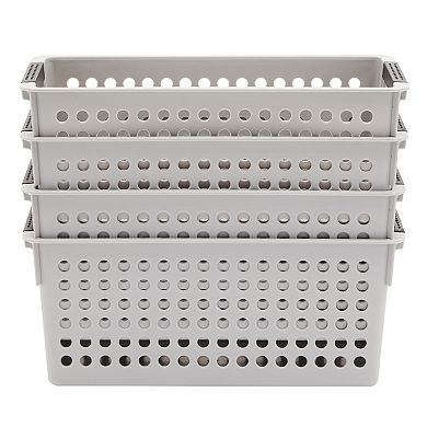 Grey Plastic Baskets with Handles for Bathroom, Laundry Room, Closet Organization (4 Pack)