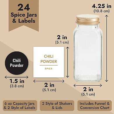 24 Pack Large Glass 6oz Spice Bottles W/ 328 Seasoning Labels, Lids, Gold Caps