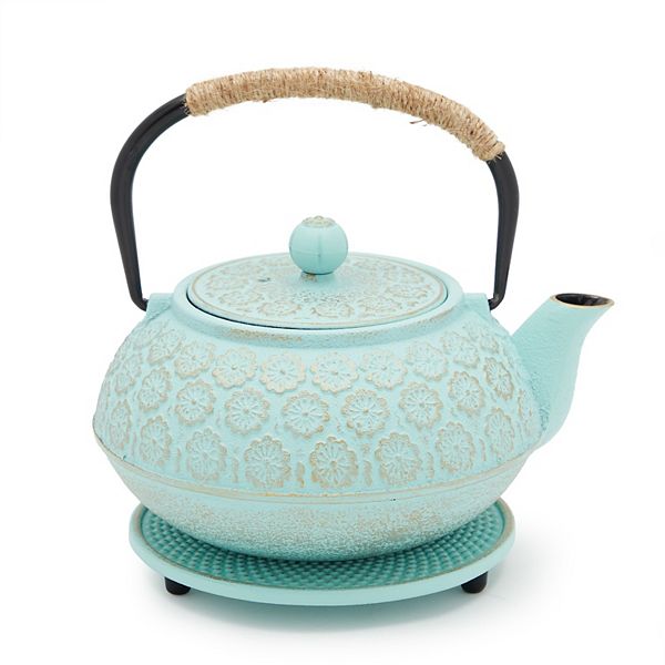 Cast Iron Tea Kettle, Light Blue Floral Teapot with Infuser and Trivet
