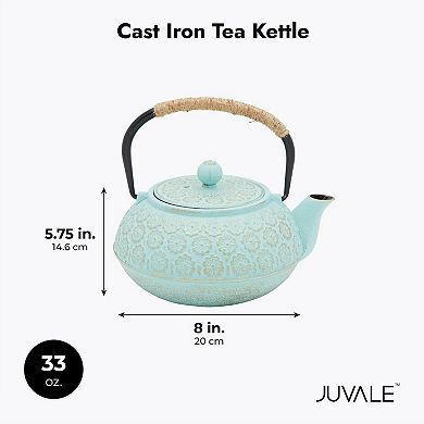 Cast Iron Tea Kettle, Light Blue Floral Teapot with Infuser and Trivet (27 Ounces)