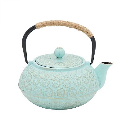 Cast Iron Tea Kettle, Light Blue Floral Teapot with Infuser and Trivet (27 Ounces)