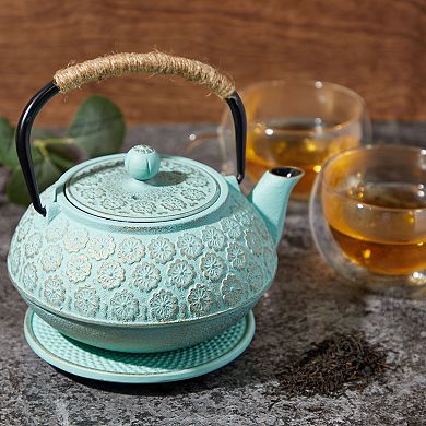 Cast Iron Tea Kettle, Light Blue Floral Teapot with Infuser and Trivet (27 Ounces)
