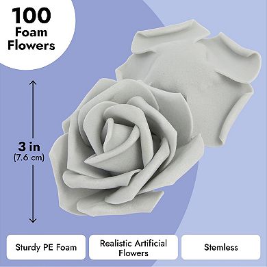 100 Pack Gray Artificial Flowers, Bulk Stemless Fake Foam Roses for Crafts, 3"