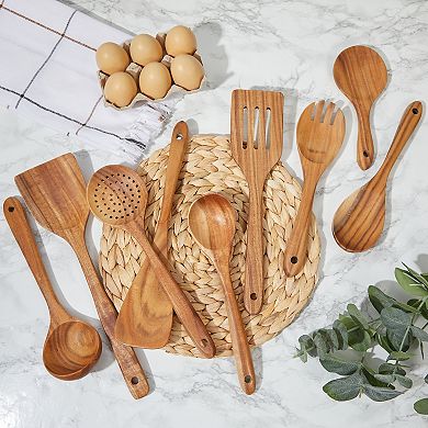 Wood Utensils Set for Cooking, 9 Piece Set Spoons and Spatulas for Kitchen