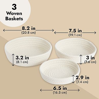 3-Piece Small Cotton Rope Woven Storage Basket Set, White Nesting Bins for Organizing Shelves, Montessori Classroom (3 Sizes)