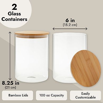 2 Pack Large Bamboo Glass Storage Containers With Lids, 100 Oz Glass Jars, Pantry Storage Containers