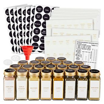 24 Pack Empty 4oz Glass Spice Bottles, 284 Seasoning Labels, Lids, Gold Caps