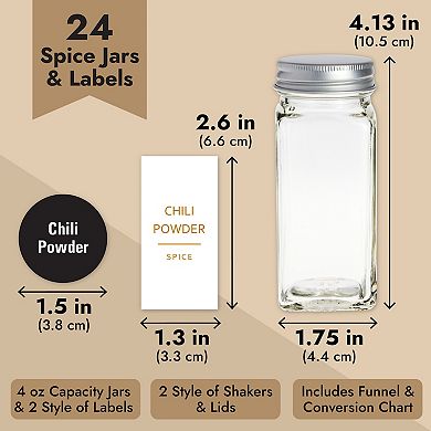 24 Pack Empty 4oz Glass Spice Bottles, 284 Seasoning Labels, Lids, Gold Caps