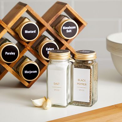 Set of 24 Gold Cap Glass Spice Jars with Labels, Empty 4oz Containers with Shaker Lids, 284 Preprinted Stickers in 2 Minimalist Styles for Seasonings and Herbs