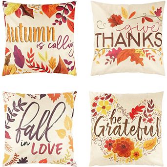 Set of 4 Thanksgiving Throw Pillow Covers with Seasonal Fall Quotes, 4 Autumn Designs (17 x 17 in
