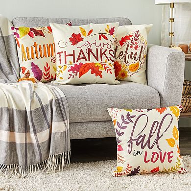 Set of 4 Thanksgiving Throw Pillow Covers with Seasonal Fall Quotes, 4 Autumn Designs (17 x 17 In)