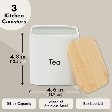3 Pc Kitchen Canister Set, Coffee, Sugar, Tea Containers With Bamboo Lids, 48 Oz