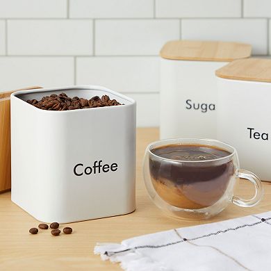 3 Pc Kitchen Canister Set, Coffee, Sugar, Tea Containers With Bamboo Lids, 48 Oz
