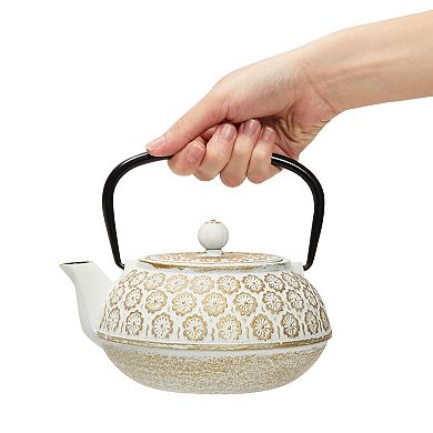34oz Classic Cast Iron Tea Pot Kettle With Stainless Steel Infuser, White Floral