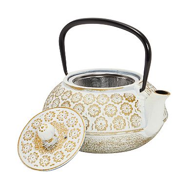 34oz Classic Cast Iron Tea Pot Kettle With Stainless Steel Infuser, White Floral