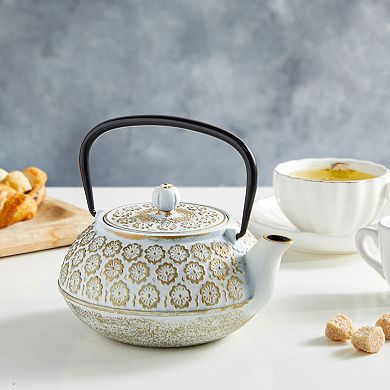 34oz Classic Cast Iron Tea Pot Kettle With Stainless Steel Infuser, White Floral