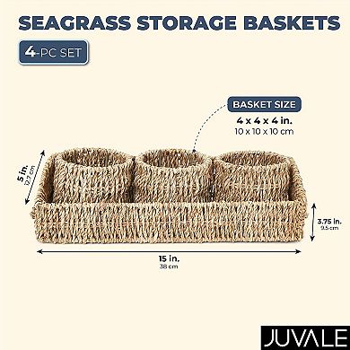 Set of 3 Wicker Round Storage Baskets for Shelves with Rectangular Tray, Brown