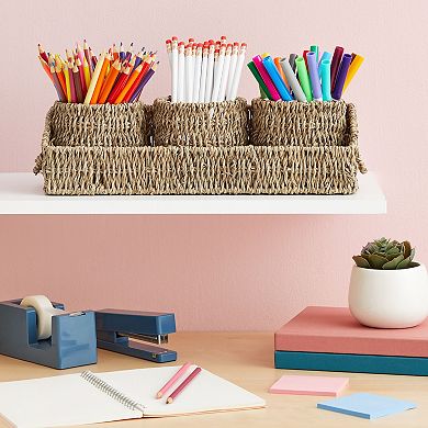 Set of 3 Wicker Round Storage Baskets for Shelves with Rectangular Tray, Brown