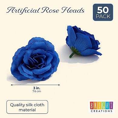 50 Pack Royal Blue Roses Artificial Flowers Bulk, 3" Stemless Fake Silk Roses