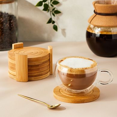 Set of 6  Wood Coasters with Holder for Coffee Table, Hot Drinks, Housewarming Gifts (4.3 Inches)