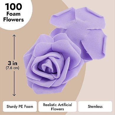 100 Pack Purple Artificial Flowers, Bulk Stemless Fake Foam Roses, 3 In