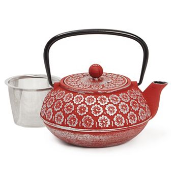 34oz Classic Cast Iron Tea Pot Kettle With Stainless Steel Infuser, Red Floral