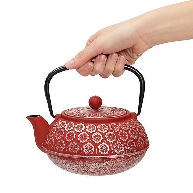34oz Classic Cast Iron Tea Pot Kettle With Stainless Steel Infuser, Red Floral