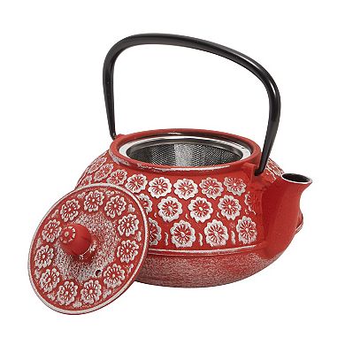 34oz Classic Cast Iron Tea Pot Kettle With Stainless Steel Infuser, Red Floral