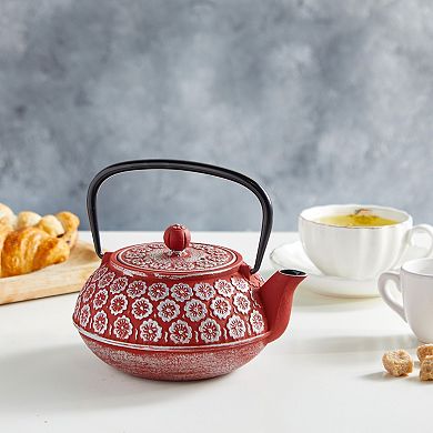 34oz Classic Cast Iron Tea Pot Kettle With Stainless Steel Infuser, Red Floral