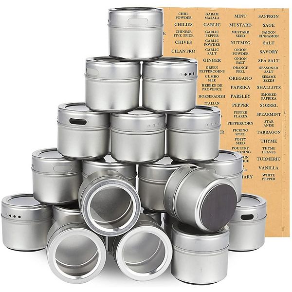 Set of 20 Magnetic Spice Containers Storage Tins with Clear Sift and Pour Lids 94 Labels 3.4 oz Metal Seasoning Jars for Refrigerator