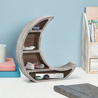 Small Wooden Crescent Moon Shelf for Crystals and Essential Oils, Rustic Home Decor for Nursery (10 x 10.2 x 2 In)