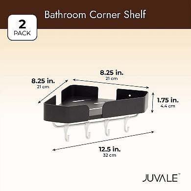 Bathroom Corner Shelves with Hooks, Wall Mounted Shower Caddy (12.5 x 8.2 In, Black, 2 Sets)