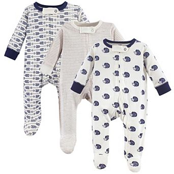 Touched by Nature Baby Boy Organic Cotton Zipper Sleep and Play 3-Pack, Hedgehog, 3-6 Months