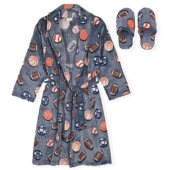 Sleep On It Boys Plush Flannel Fleece Collar Robe Set with Matching Slippers