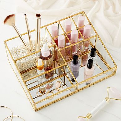 Glass Makeup Organizer with Gold Trim for Cosmetic Storage (10.2 x 7.5 x 3.5 In)