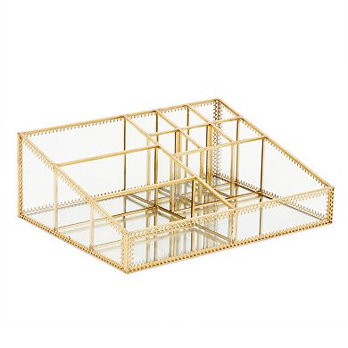Glass Makeup Organizer with Gold Trim for Cosmetic Storage (10.2 x 7.5 x 3.5 In)