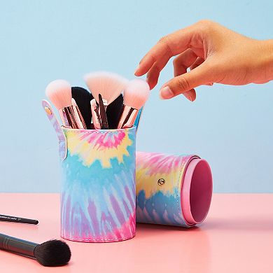 Tie-Dye Makeup Brush Holder Cup with Lid, Cosmetic Travel Bag (3 x 9 In)