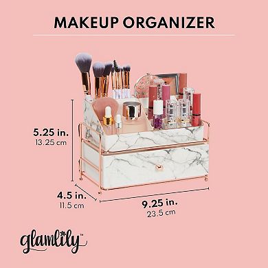 2 Tier Marble Decorative Makeup Organizer with Drawer, Rose Gold Frame Cosmetic Vanity Holder (9.3 x 5.3 x 6.5 in)