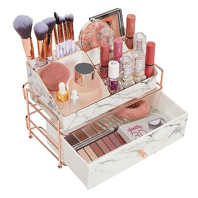 2 Tier Marble Decorative Makeup Organizer with Drawer, Rose Gold Frame Cosmetic Vanity Holder (9.3 x 5.3 x 6.5 in)