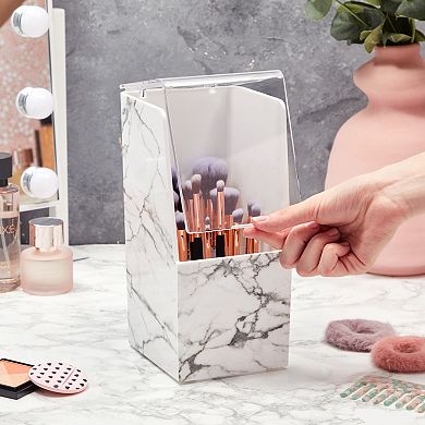 Marble Makeup Brush Holder Organizer with Clear Lid, 14 Brushes Slots Display Case (4.4 x 5.5 x 9.7 in)