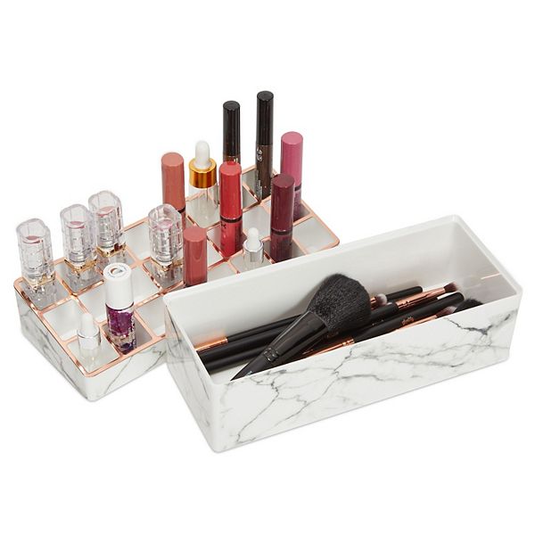 2 Tier Marble Makeup Organizer Lipstick Lipgloss Brushes Vanity Storage 9x4.5"