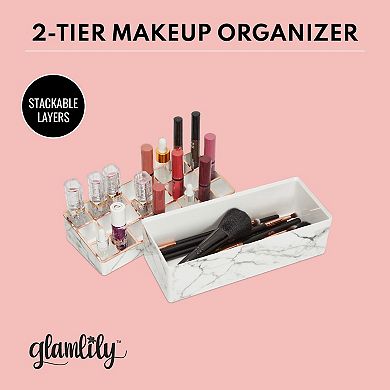 2-Tier Marble Makeup Organizer with Gold Trim, Lipstick Display Case, Brushes & Vanity Storage (9.15 x 4.5 x 3.75 in)
