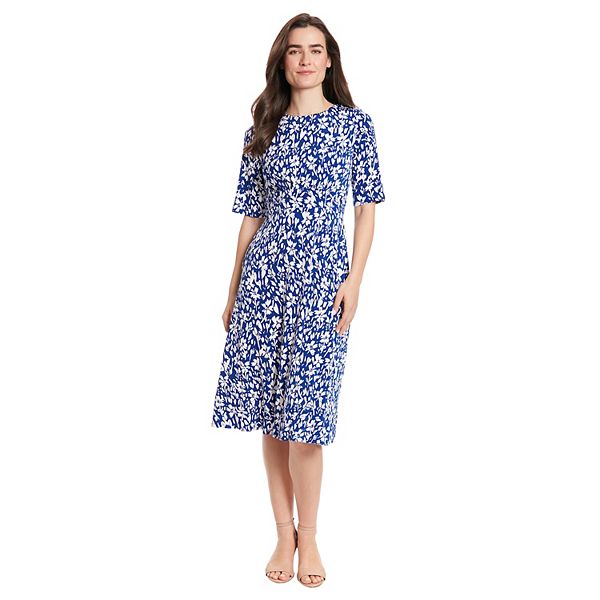 Women's London Times Printed Midi A-Line Dress - Blue White (12)