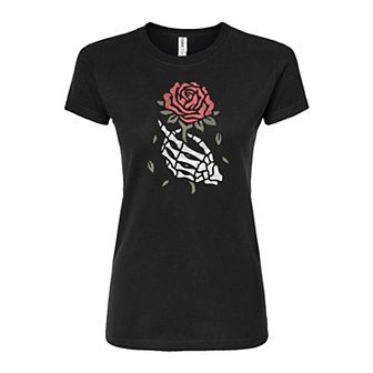 Juniors' Skeleton Hand Rose Fitted Tee