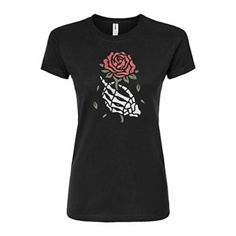 Juniors' Skeleton Hand Rose Fitted Tee
