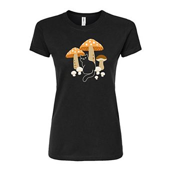 Juniors' Cat And Mushrooms Fitted Tee