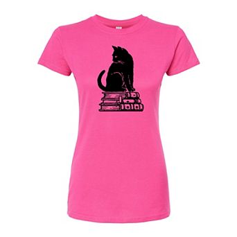Juniors' Black Cat On Books Fitted Tee