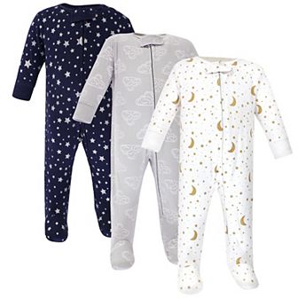 Hudson Baby Baby Cotton Zipper Sleep and Play 3 pk Navy Stars Moons, Preemie