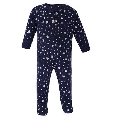 Hudson Baby Baby Cotton Zipper Sleep and Play 3pk, Navy Stars Moons, Preemie