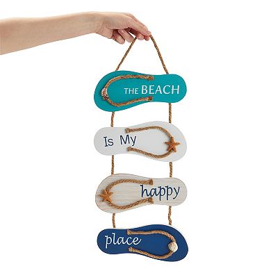 The Beach is My Happy Place Sign, Hanging Nautical Flip Flop Wall Sign Ornament for Home and Beach Bathroom Decor (8.5 x 20 In)